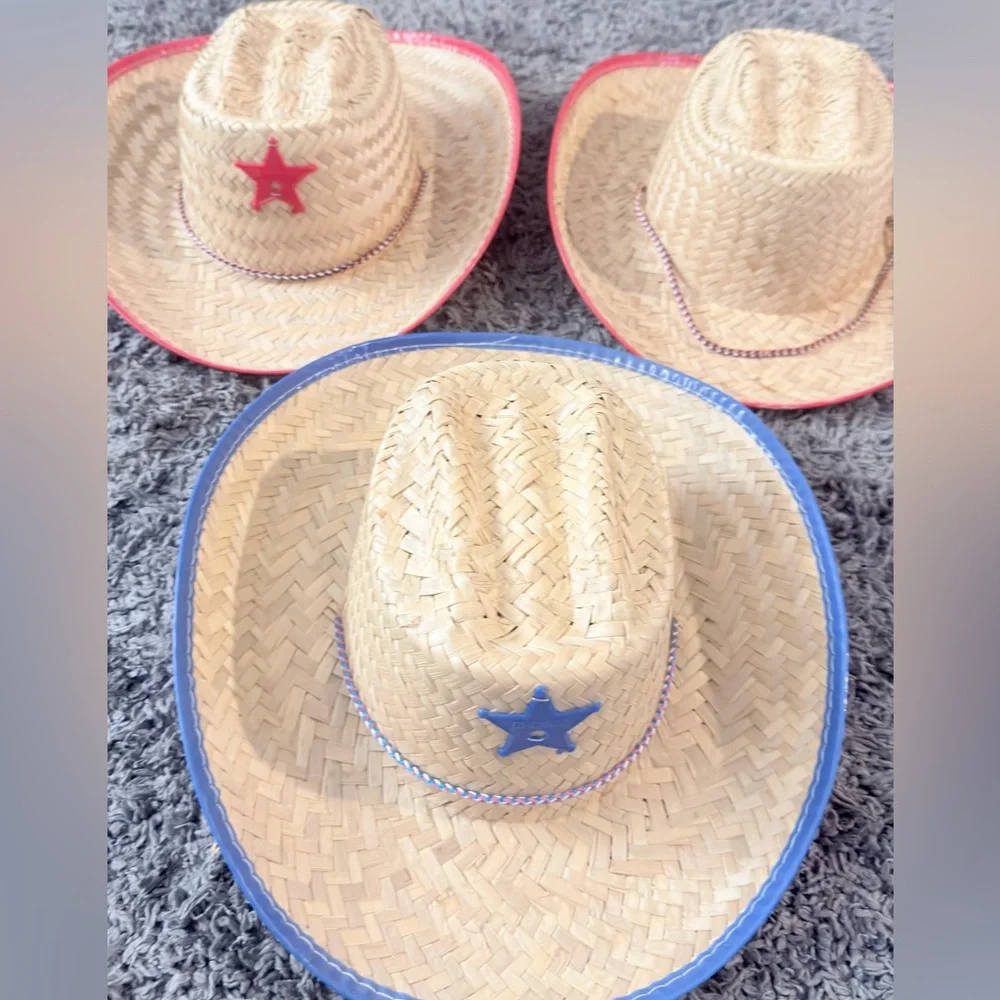 Set of 3 Straw Cowboy Hats for Kids - Sheriff Costume Red and Blue - Picture 5 of 10